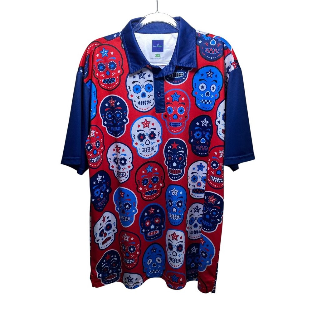 Ready Golf Day Of The Dead Sugar Skulls Patriotic Polo Mens 2XL Short‎ Sleeve